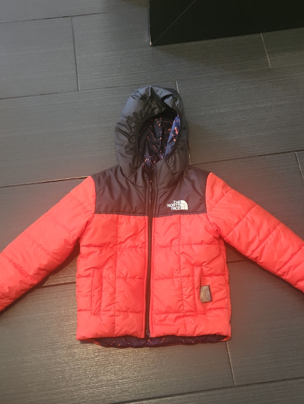 Boys The North Face Red and Black Hooded Puffer Jacket Reversible